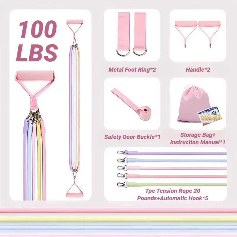 Multi Functional Tension Rope Fitness Stretcher for Household Abdominal Stretching Training, Pilates Stick Set Macaron Color