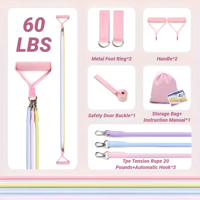 Multi Functional Tension Rope Fitness Stretcher for Household Abdominal Stretching Training, Pilates Stick Set Macaron Color
