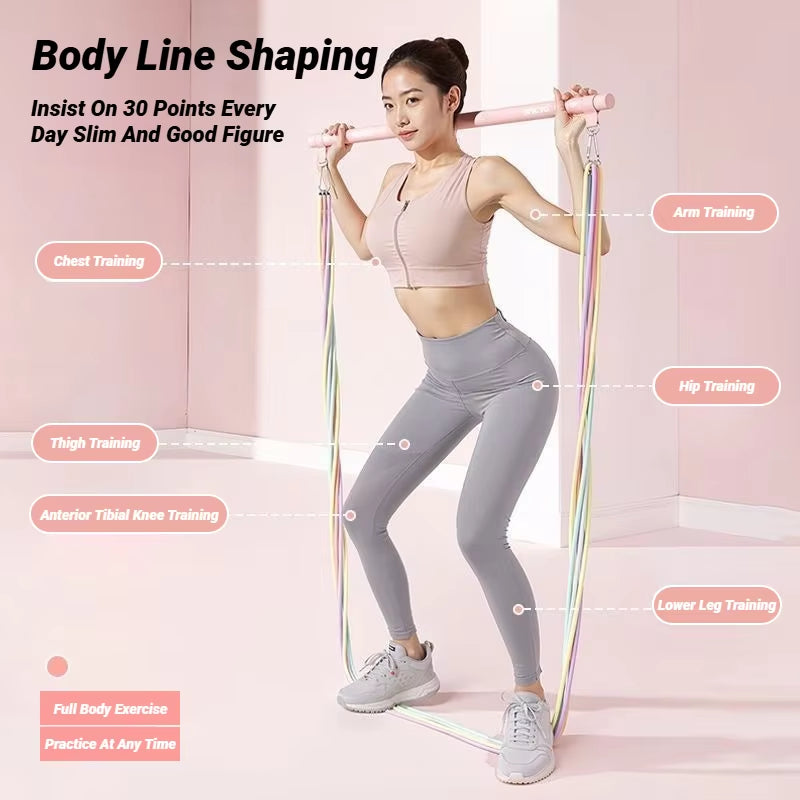 Multi Functional Tension Rope Fitness Stretcher for Household Abdominal Stretching Training, Pilates Stick Set Macaron Color