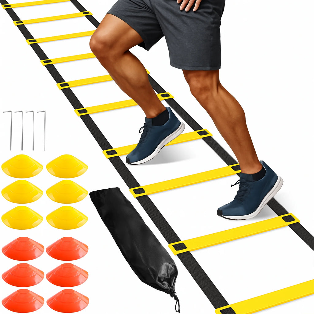 Agility Ladder Speed Training Equipment, 12 Rungs 20Ft Adjustable Speed Ladder for Soccer, 12 Soccer Cones, 4 Stakes, Football Basketball Training Equipment with Carry Bag for Youth Adults